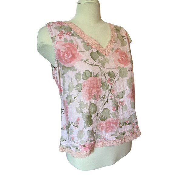 Vintage 90's Norton Studio Linen & Lace Blouse Sz Large Womens Pink Floral Tank - Picture 5 of 8